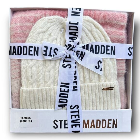Steve Madden Ivory Blush Brushed Plaid Scarf & Beanie Gift Box Set, One Size - Picture 1 of 7
